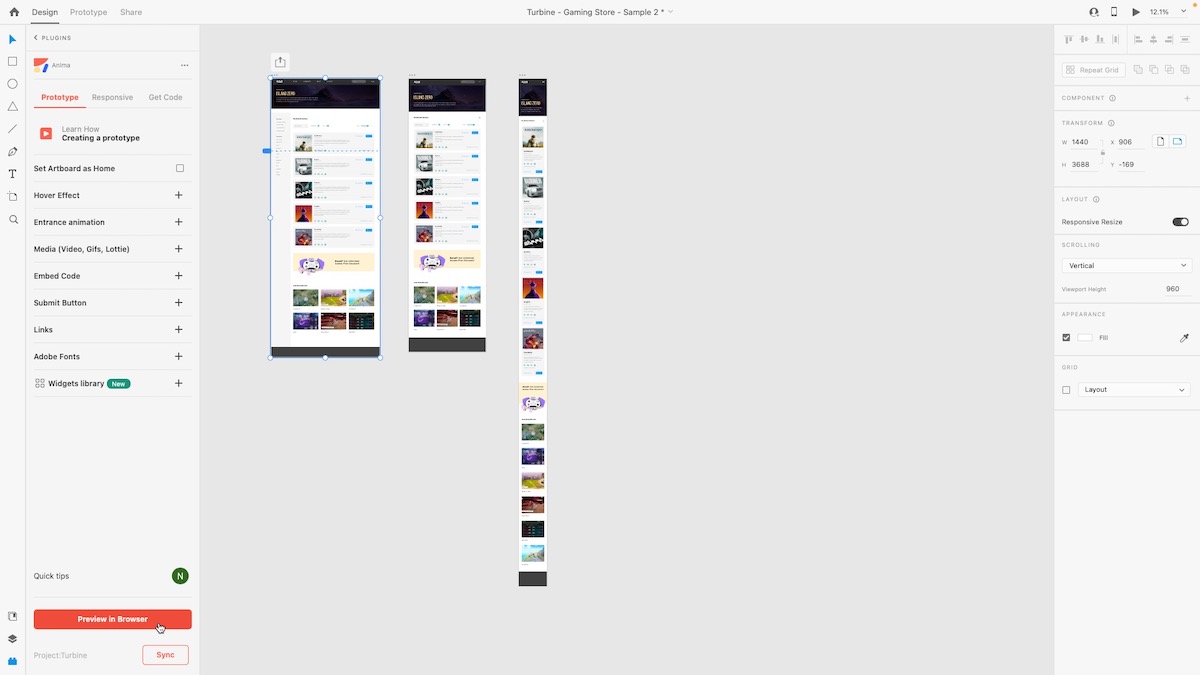 Entering Anima's Browser Preview from Adobe XD