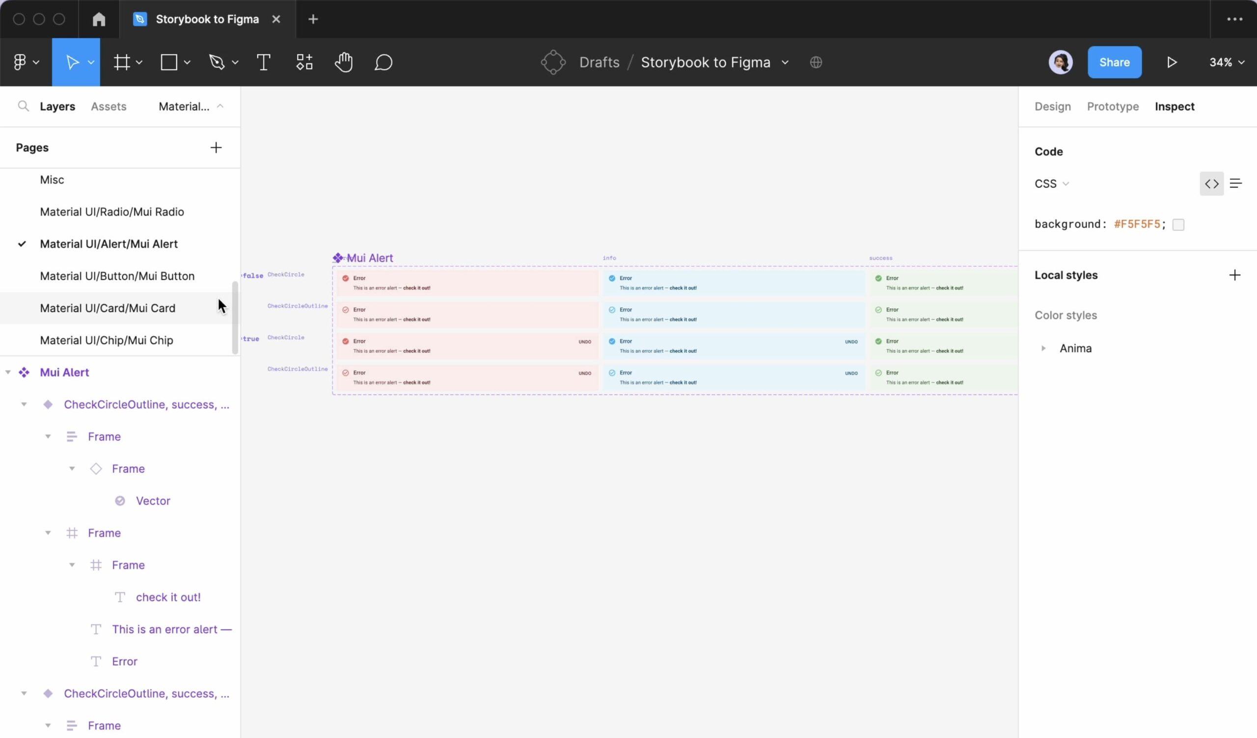 A MUI alert component and its variants automatically generated in Figma using Anima's Design System Automation integration.